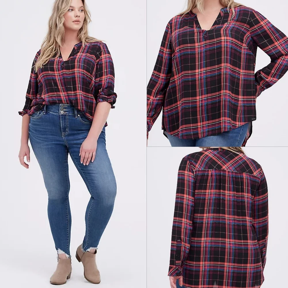 Torrid Blouse Georgette Plaid Foil Pink & Black BNWT Size 1 & 2